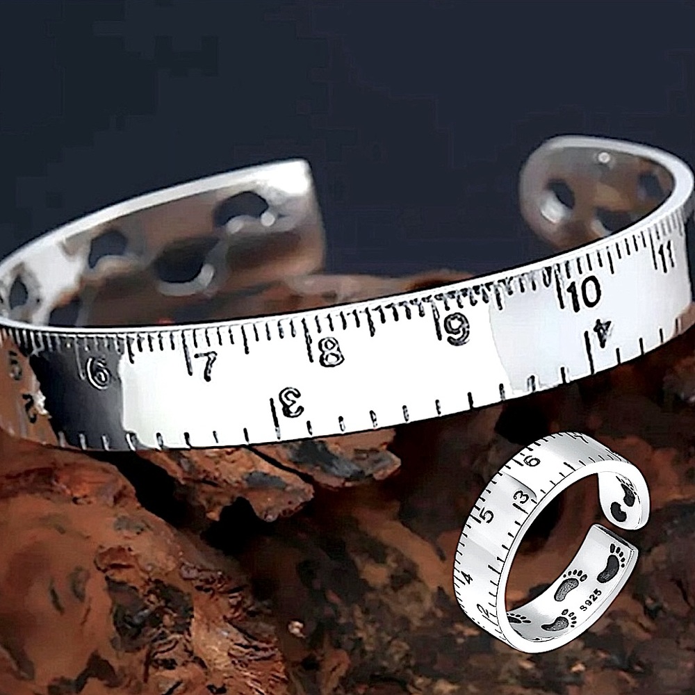 Sterling Silver Ruler Design Bracelet Bangle Cuff Matching Ring Set